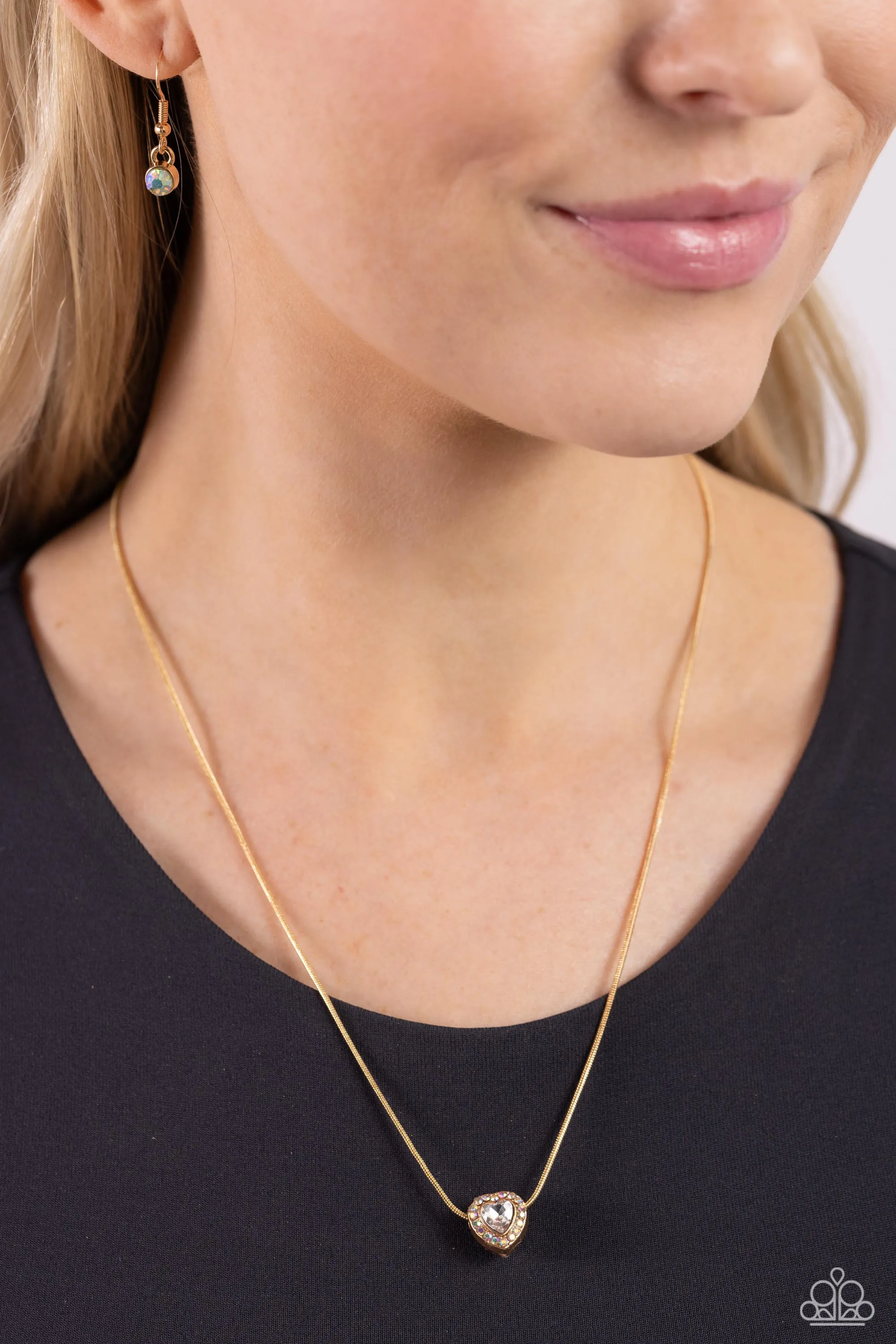 Simply Sentimental - Gold - Iridescent Rhinestone Heart Paparazzi Short Necklace