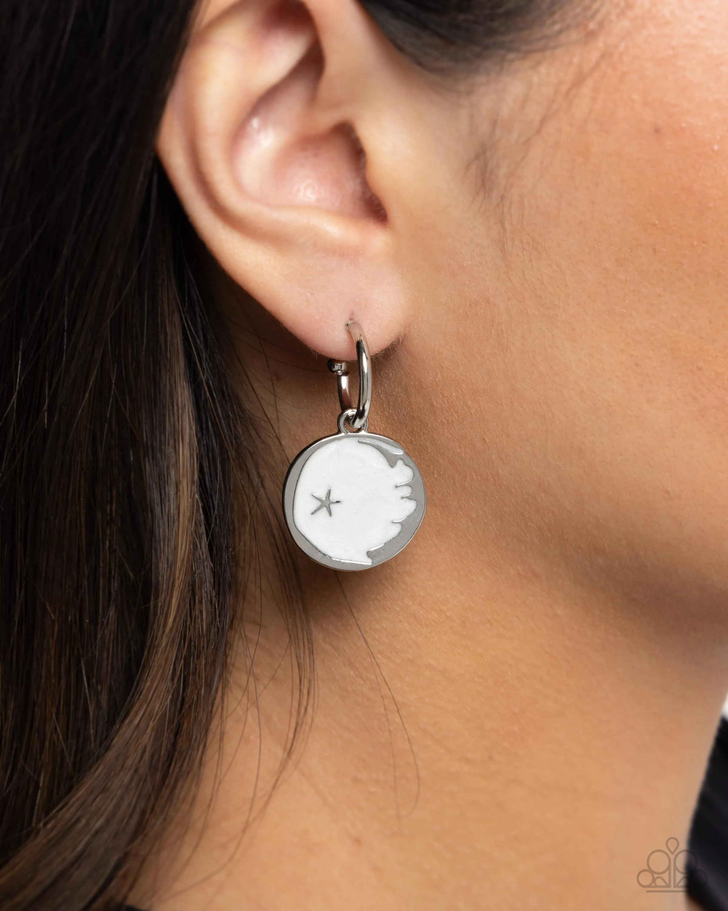 South Star - White - Pearly Painted Silver Star Paparazzi Drop Hoop Earrings