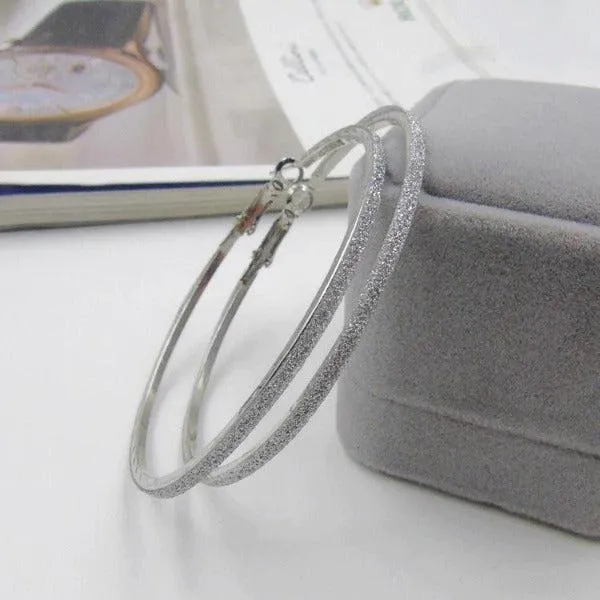 Sparkly Silver Tone Hoop Earrings 2.25"