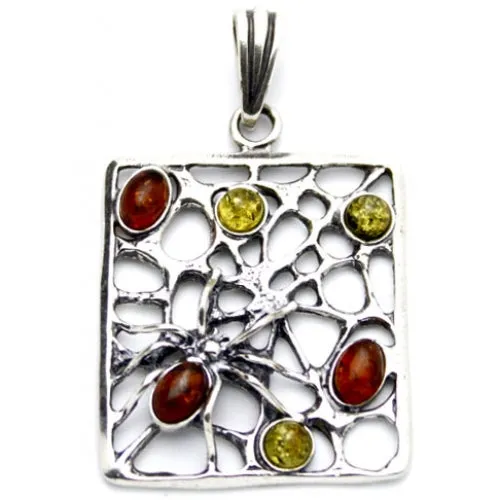 Spider Web Multicolor Amber Sterling Silver Pendant