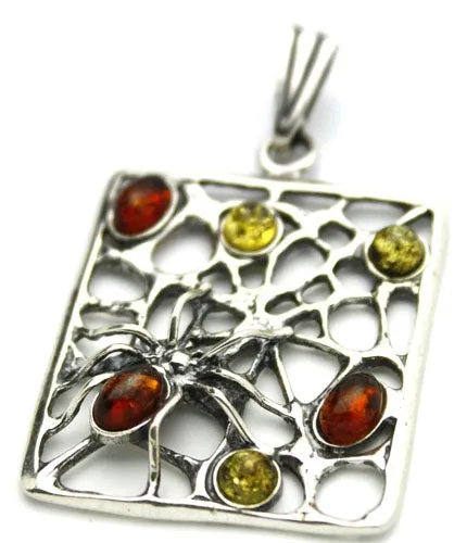 Spider Web Multicolor Amber Sterling Silver Pendant