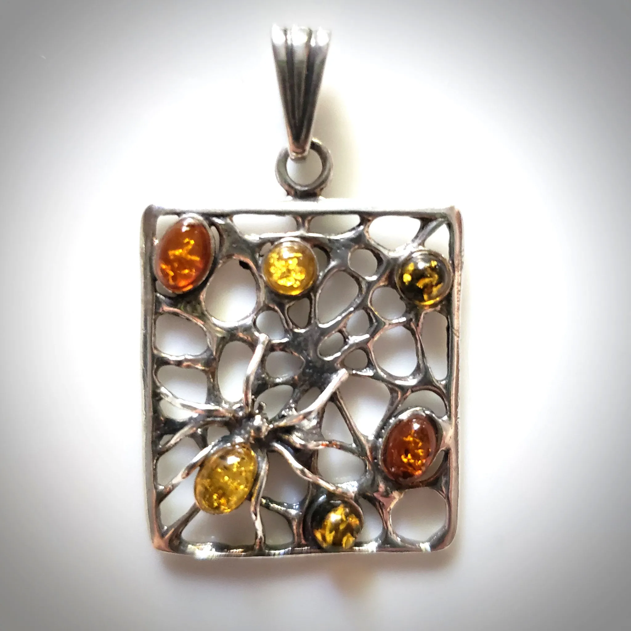 Spider Web Multicolor Amber Sterling Silver Pendant