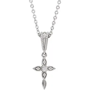 Sterling Silver .03 CTW Diamond Petite Vintage-Inspired 16-18" Cross Necklace