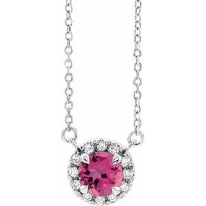 Sterling Silver 5.5 mm Natural Pink Tourmaline 1/10 CTW Natural Diamond 16" Necklace