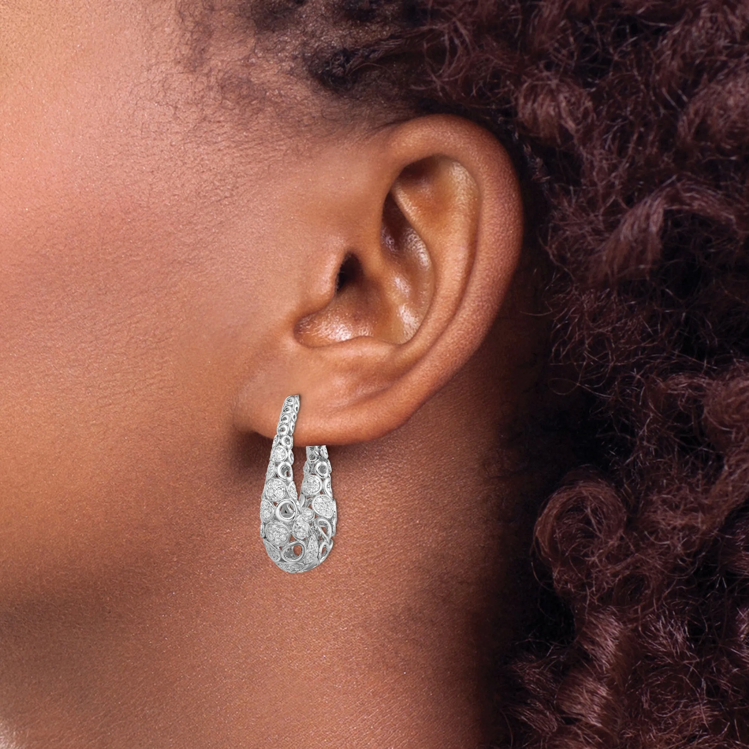 Sterling Silver Accent Pave Oval Hoop Earrings