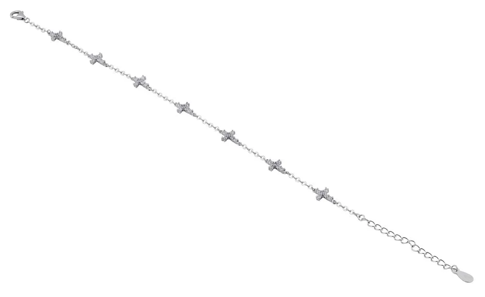 Sterling Silver Clear CZ Cross Charm Bracelet