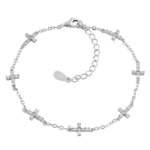 Sterling Silver Clear CZ Cross Charm Bracelet