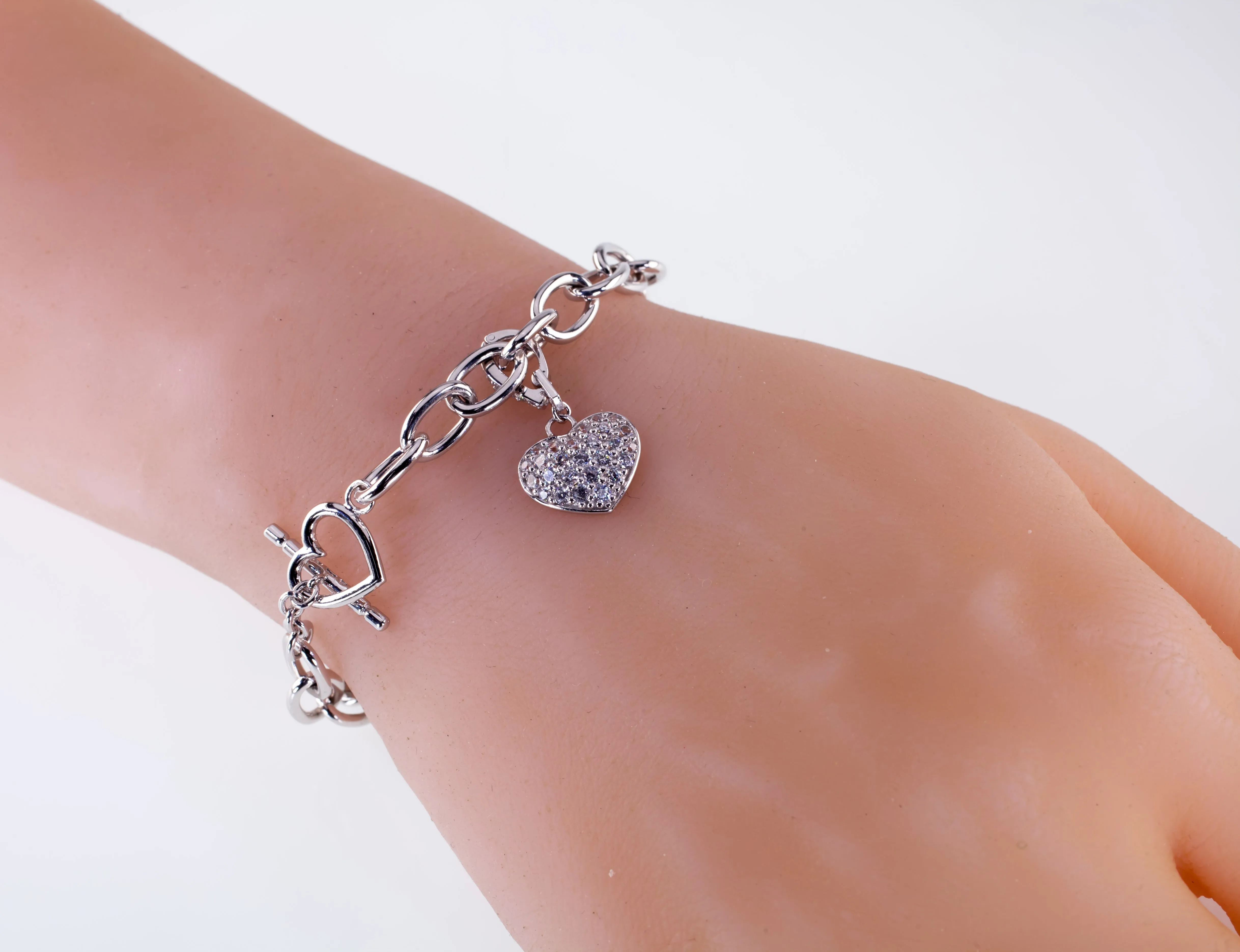 Sterling Silver CZ Heart Charm Toggle Bracelet 7.50"