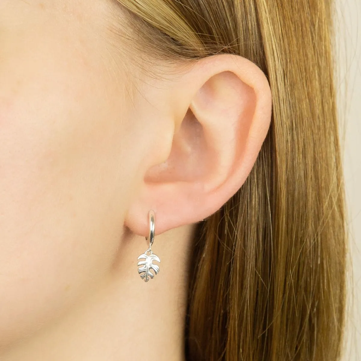 Sterling Silver Palm Leaf Drop Hoop Earrings