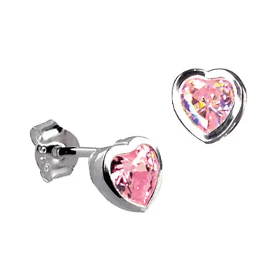 Sterling Silver Pink Cubic Zirconia Heart Studs