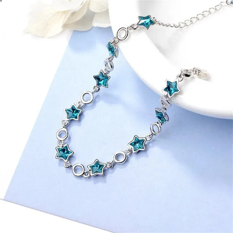 Sterling Silver Rhinestone Stars Charm Bracelets Bangle For Women Girl Fine Jewelry Student Present