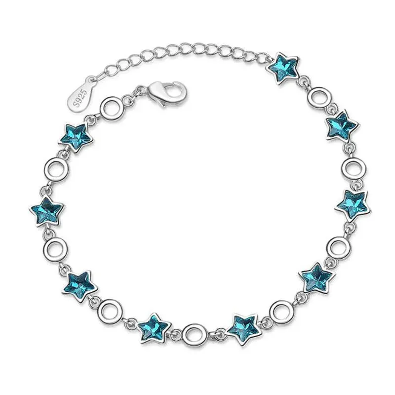 Sterling Silver Rhinestone Stars Charm Bracelets Bangle For Women Girl Fine Jewelry Student Present