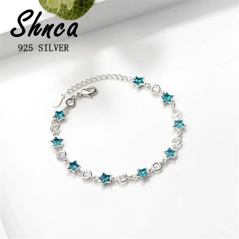 Sterling Silver Rhinestone Stars Charm Bracelets Bangle For Women Girl Fine Jewelry Student Present
