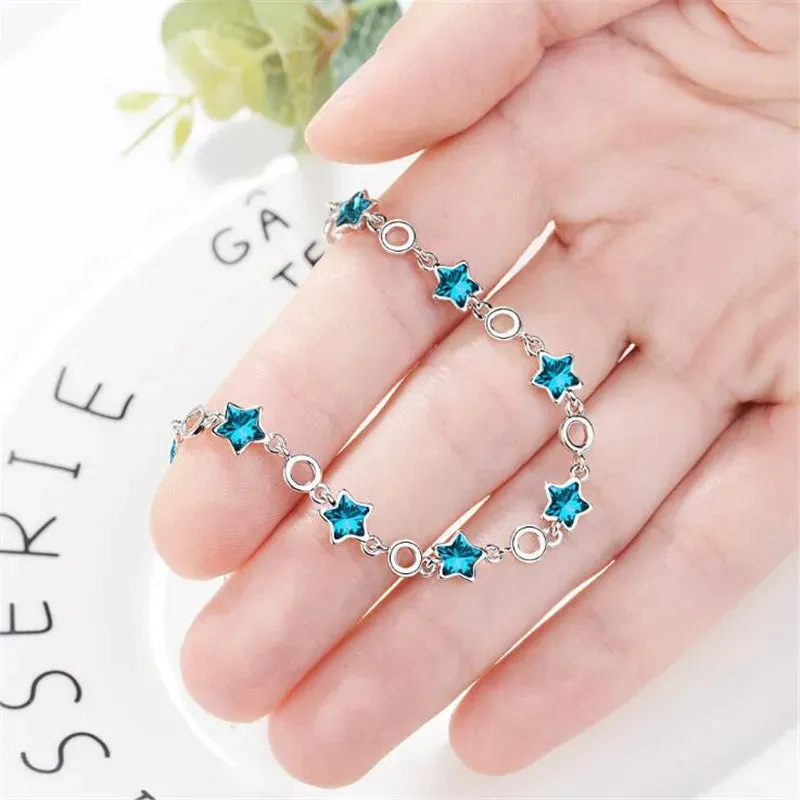 Sterling Silver Rhinestone Stars Charm Bracelets Bangle For Women Girl Fine Jewelry Student Present