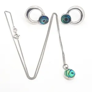 STG Abalone Paua shell sterling silver hoop earrings and pendant necklace set