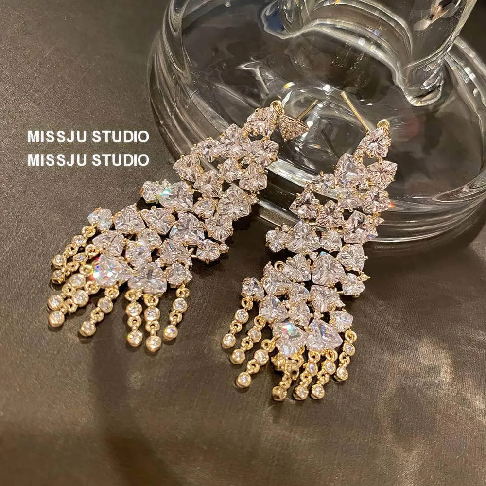 Studded Crystals Sparkling Chandelier Tassel Gold Earrings