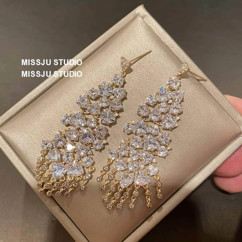 Studded Crystals Sparkling Chandelier Tassel Gold Earrings