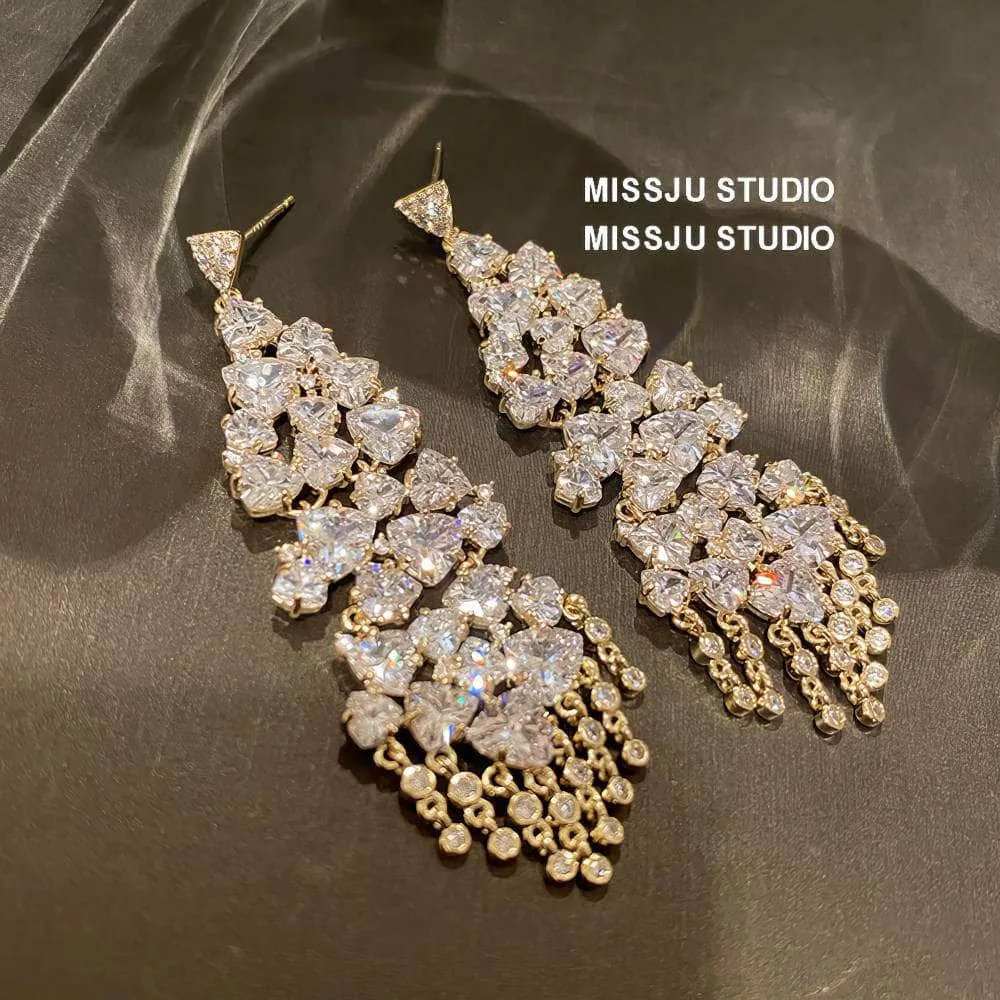 Studded Crystals Sparkling Chandelier Tassel Gold Earrings