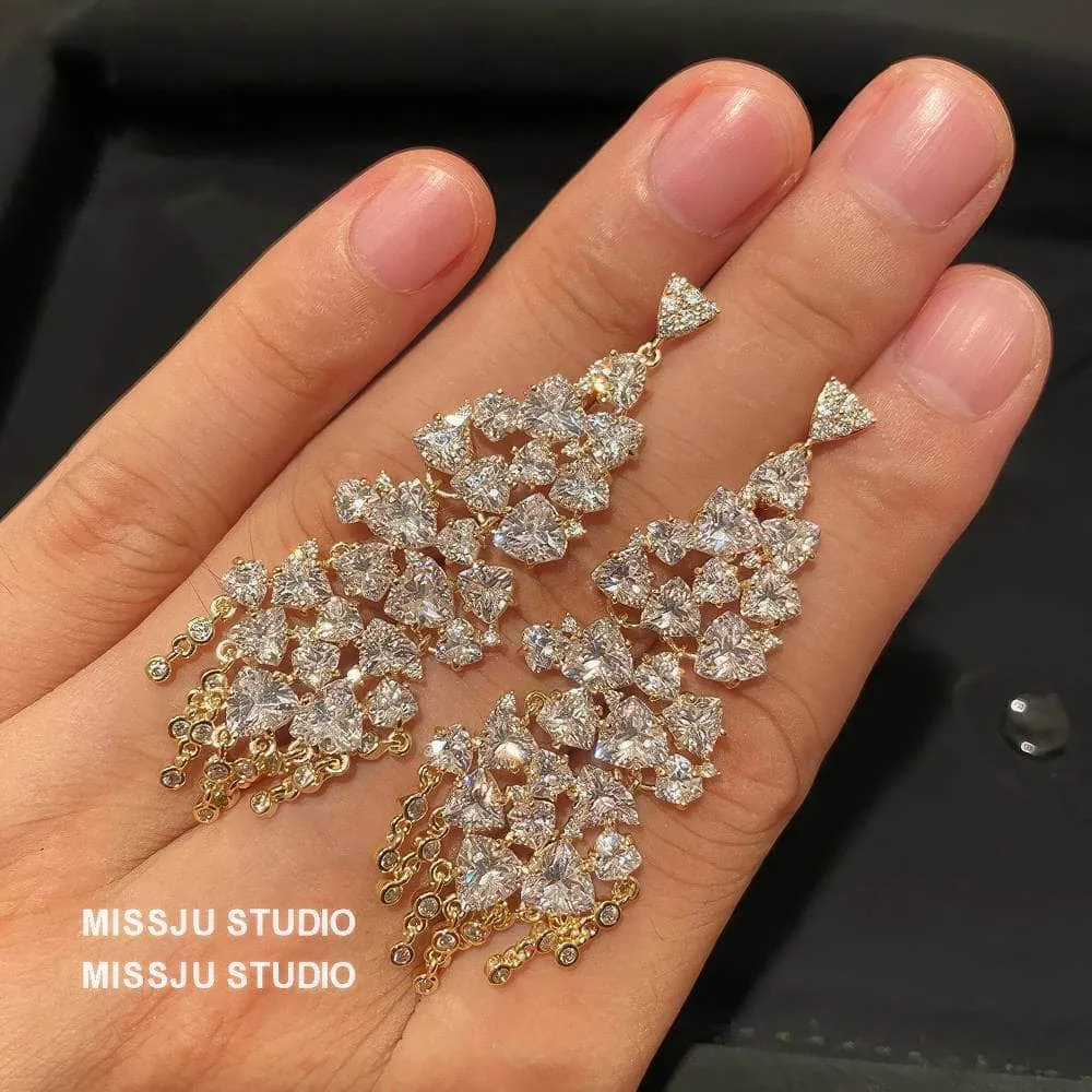 Studded Crystals Sparkling Chandelier Tassel Gold Earrings