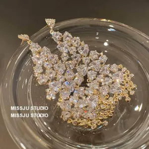 Studded Crystals Sparkling Chandelier Tassel Gold Earrings