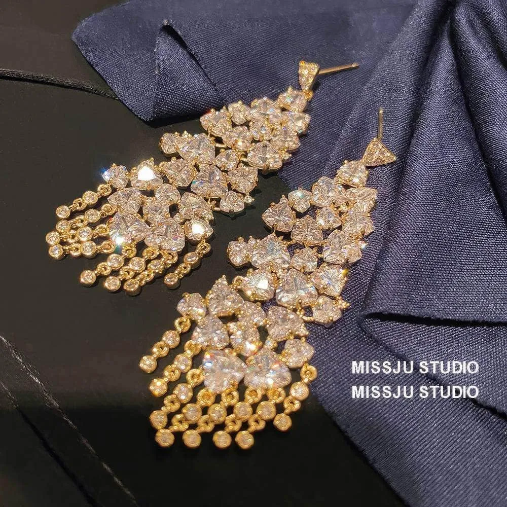 Studded Crystals Sparkling Chandelier Tassel Gold Earrings
