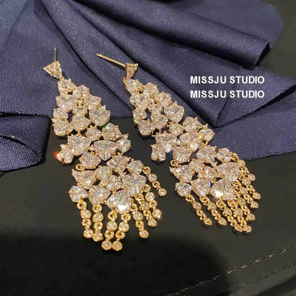 Studded Crystals Sparkling Chandelier Tassel Gold Earrings
