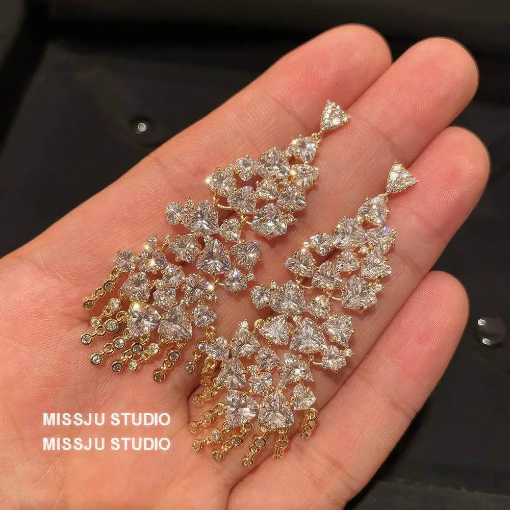 Studded Crystals Sparkling Chandelier Tassel Gold Earrings