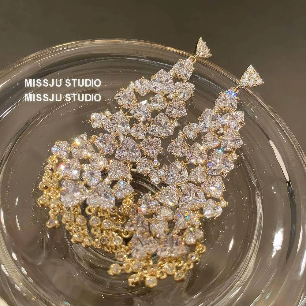 Studded Crystals Sparkling Chandelier Tassel Gold Earrings
