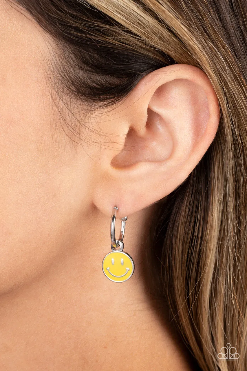 Subtle Smile - Yellow - Smiley Face Charm Paparazzi Hoop Post Earrings