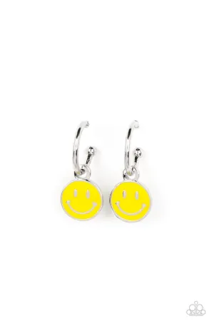 Subtle Smile - Yellow - Smiley Face Charm Paparazzi Hoop Post Earrings