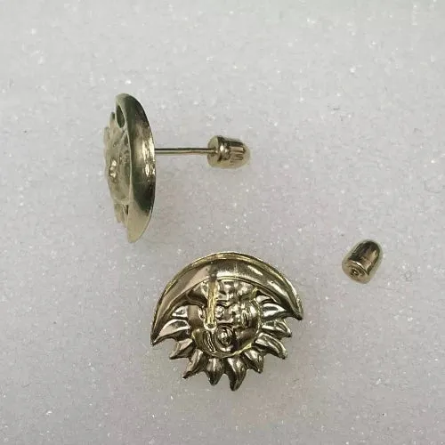 Sun And Moon Stud Earrings 14K Solid Yellow Gold With Safety Backing