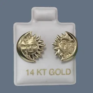 Sun And Moon Stud Earrings 14K Solid Yellow Gold With Safety Backing