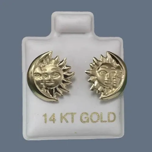 Sun And Moon Stud Earrings 14K Solid Yellow Gold With Safety Backing