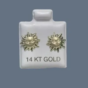 Sun Stud Earrings 14K Solid Yellow Gold With Safety Backing