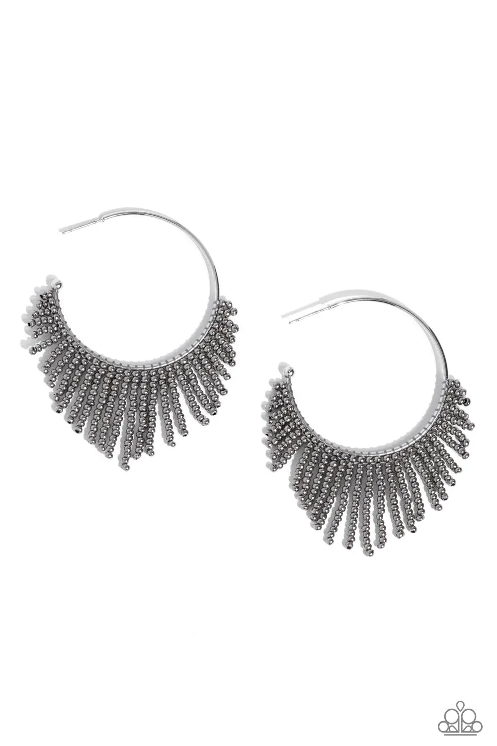 Tailored Tassel - Silver - Metallic Gunmetal Seed Bead Paparazzi Hoop Earrings