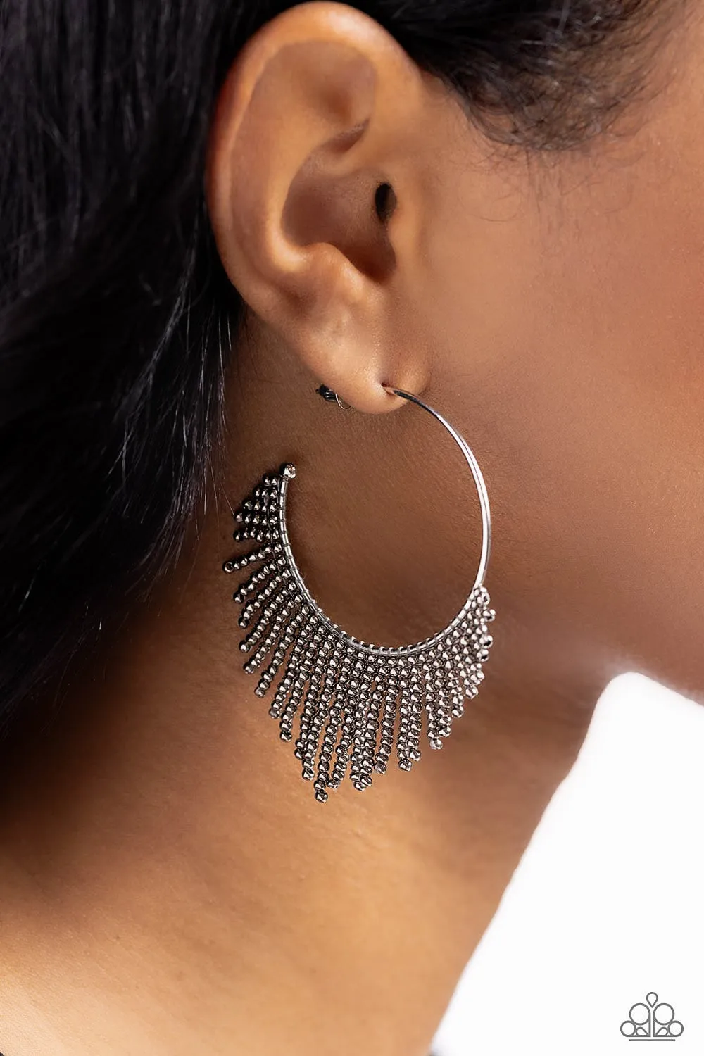 Tailored Tassel - Silver - Metallic Gunmetal Seed Bead Paparazzi Hoop Earrings