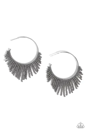 Tailored Tassel - Silver - Metallic Gunmetal Seed Bead Paparazzi Hoop Earrings