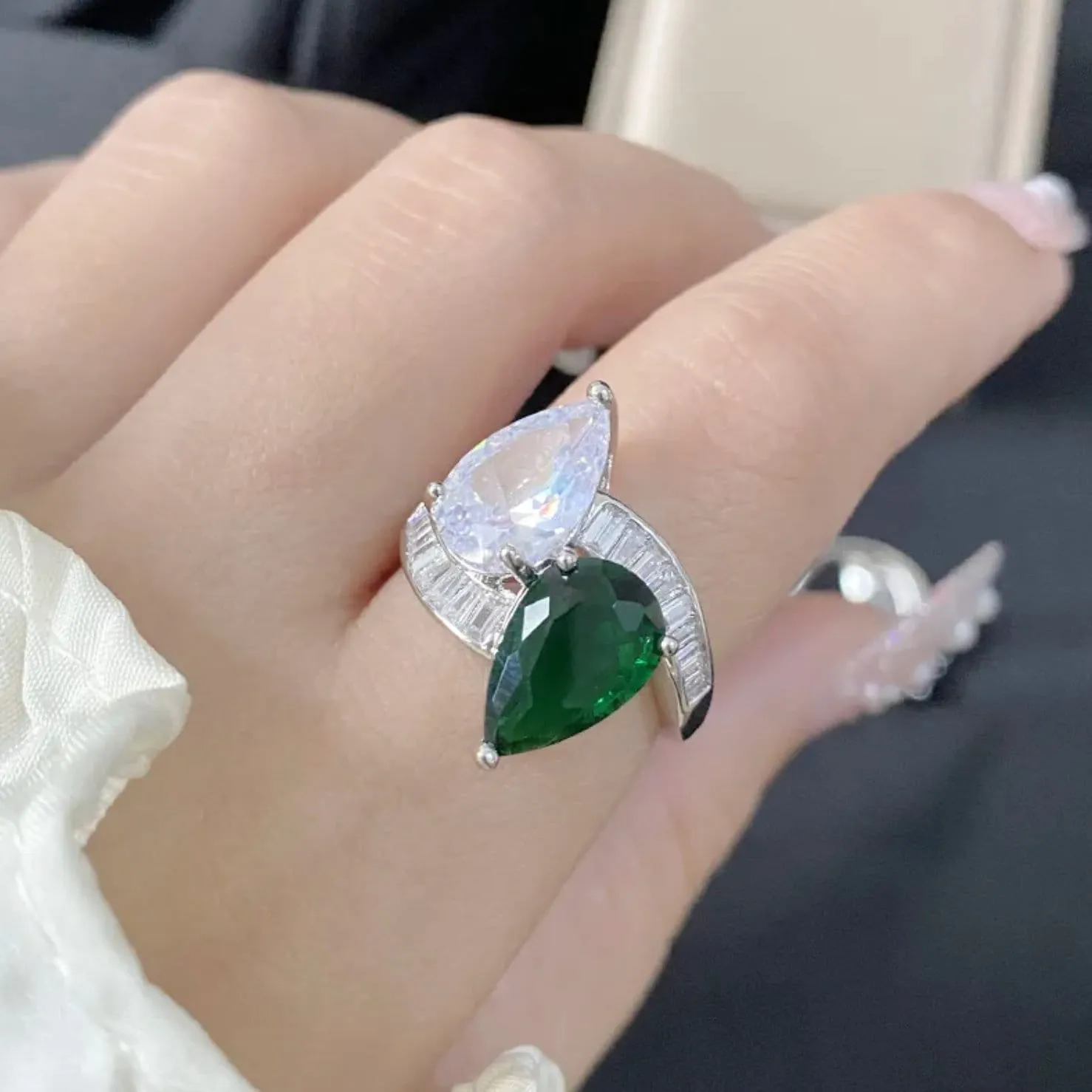 Teardrop Engagement Ring | Teardrop Ring | Green Diamond Rings | Womens Green Diamond Ring | Emerald Engagement Ring | Baguette Ring