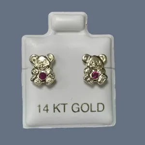 Teddy Bear Stud Earrings 14K Solid Yellow Gold With Safety Backing