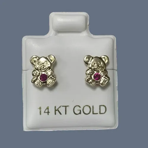 Teddy Bear Stud Earrings 14K Solid Yellow Gold With Safety Backing