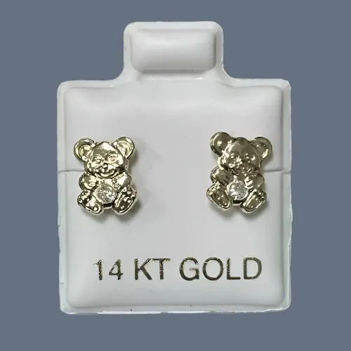 Teddy Bear Stud Earrings 14K Solid Yellow Gold With Safety Backing