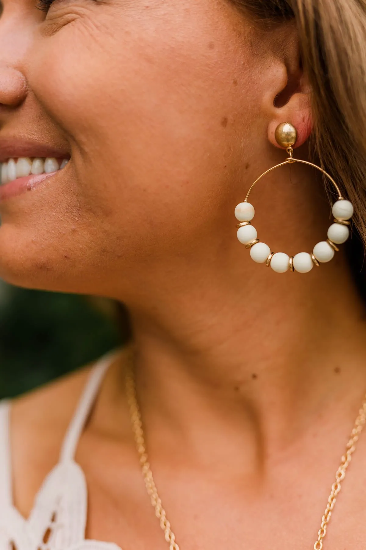Tender Love Gold Beaded Dangle Earrings- White