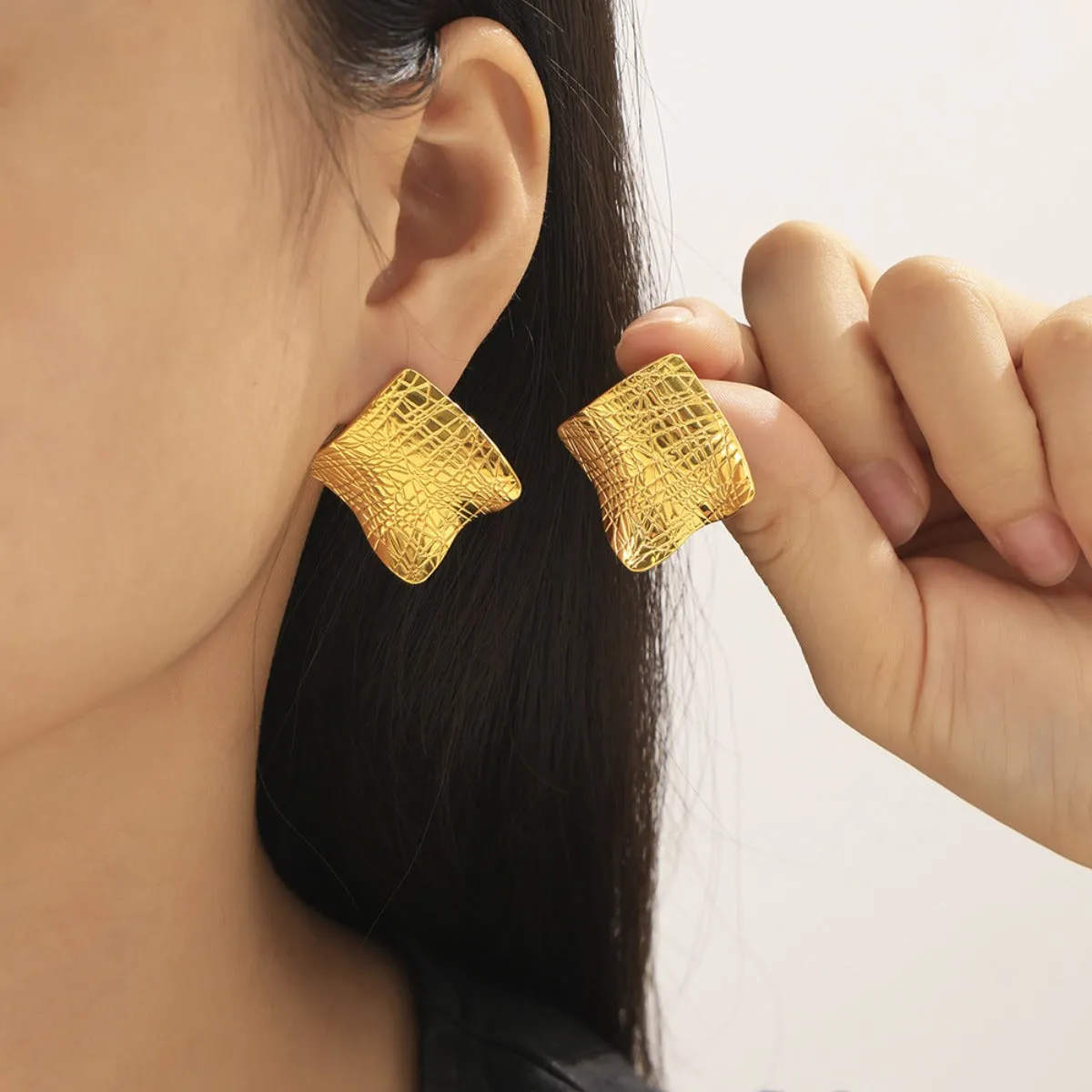 Textured Titanium Steel Stud Earrings - Gold or Silver Finish