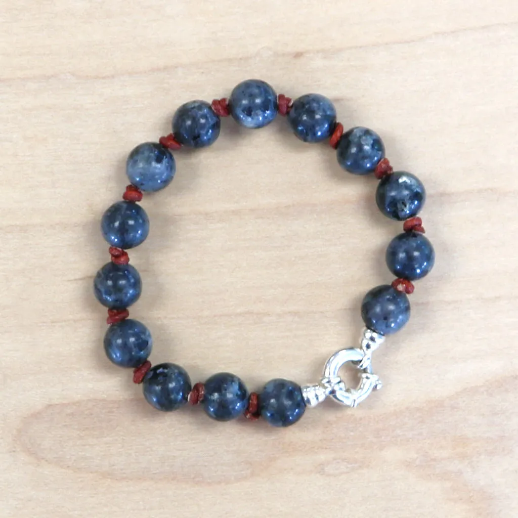 The Kayla - Sterling Silver, Larvakite   leather bracelet