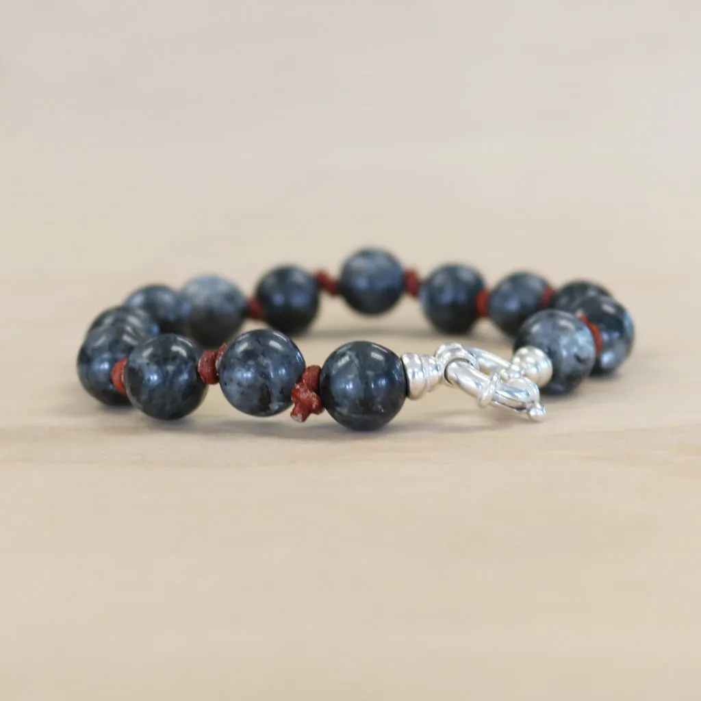 The Kayla - Sterling Silver, Larvakite   leather bracelet