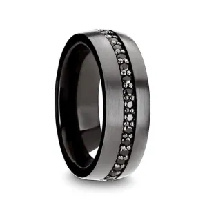 THEO Men's Round Gunmetal Tungsten Ring Black Sapphires Set Grooved 8mm