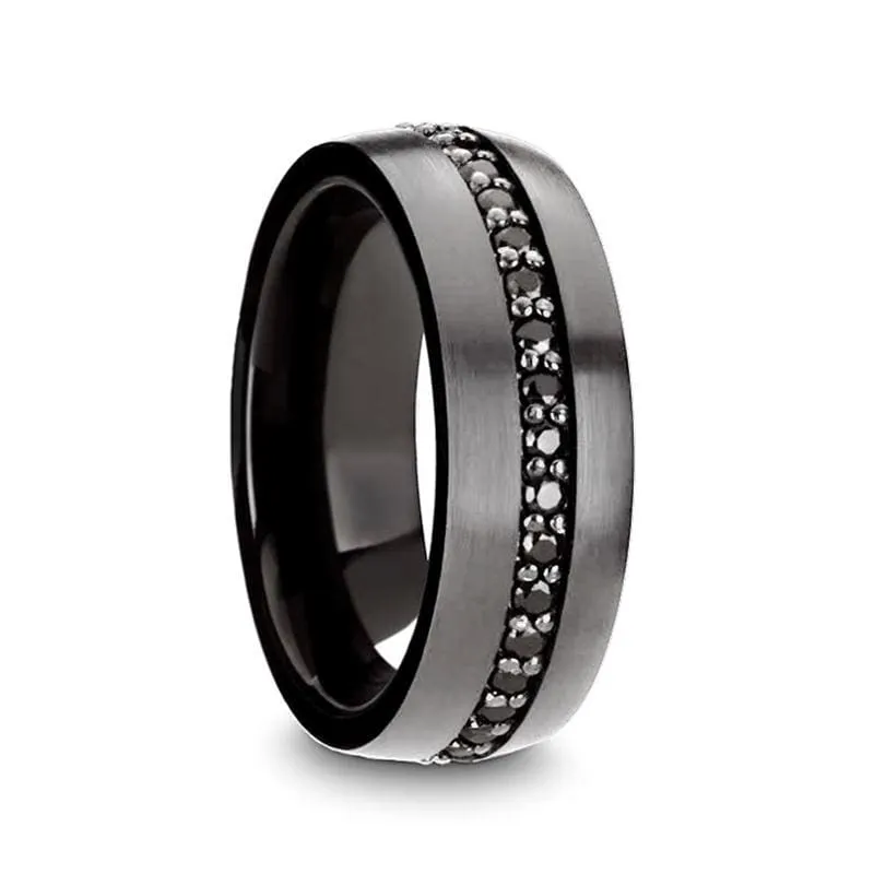 THEO Men's Round Gunmetal Tungsten Ring Black Sapphires Set Grooved 8mm