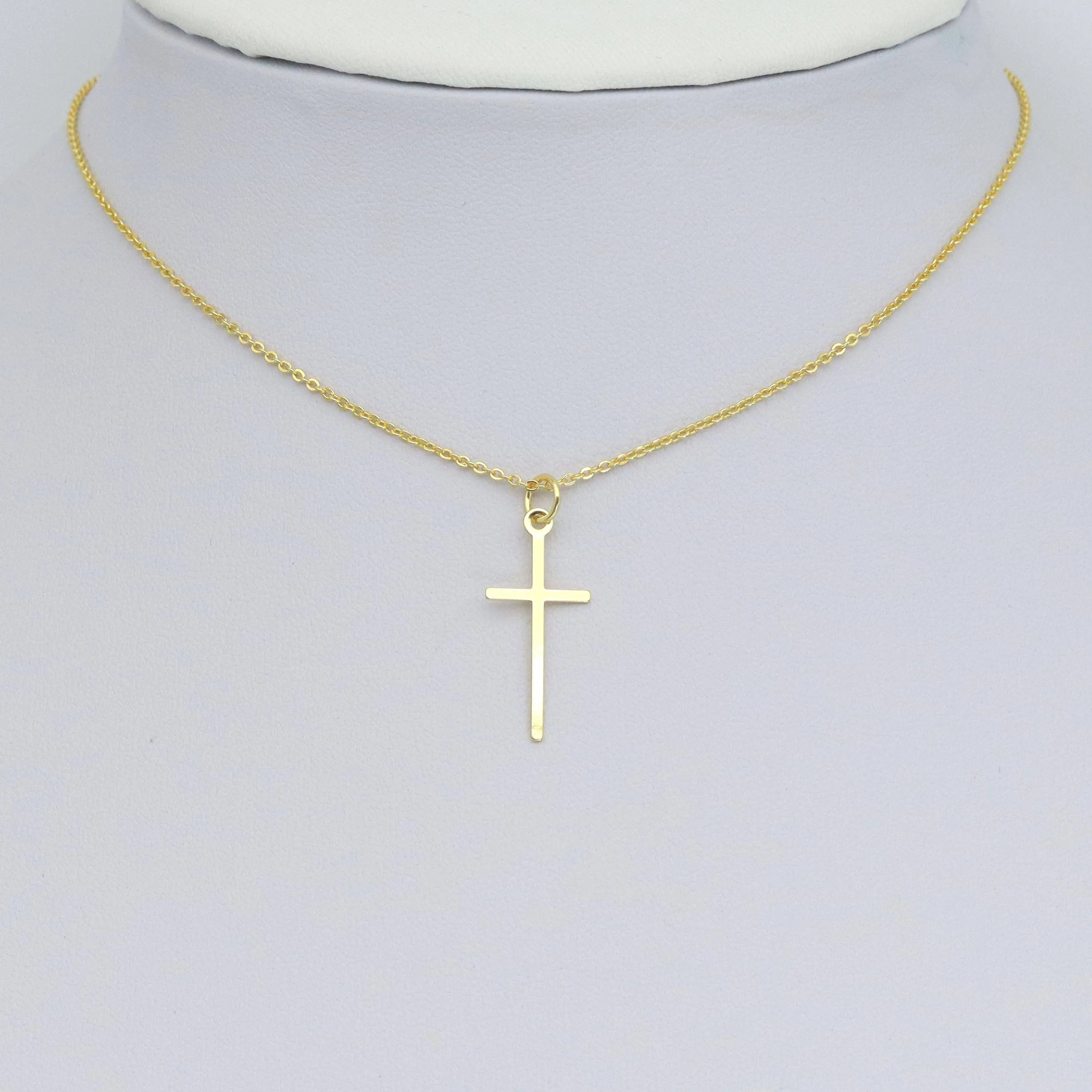 Thin Long Gold Cross Charm Pendant, Sku#Y1020