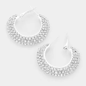 Three Row Rhinestone Hoop Earrings on Silver | 1.5" | 159265
