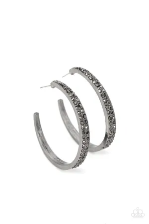 Tick, Tick, Boom! - Black - Hematite Rhinestone Gunmetal Paparazzi Hoop Earrings